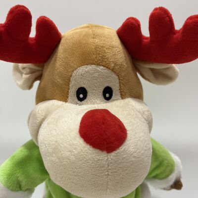 Christmas Musical Swinging Reindeer Plush Toy Head Shaking Wobbling Mechanism Green Elf Outfit Red-Nosed Reindeer